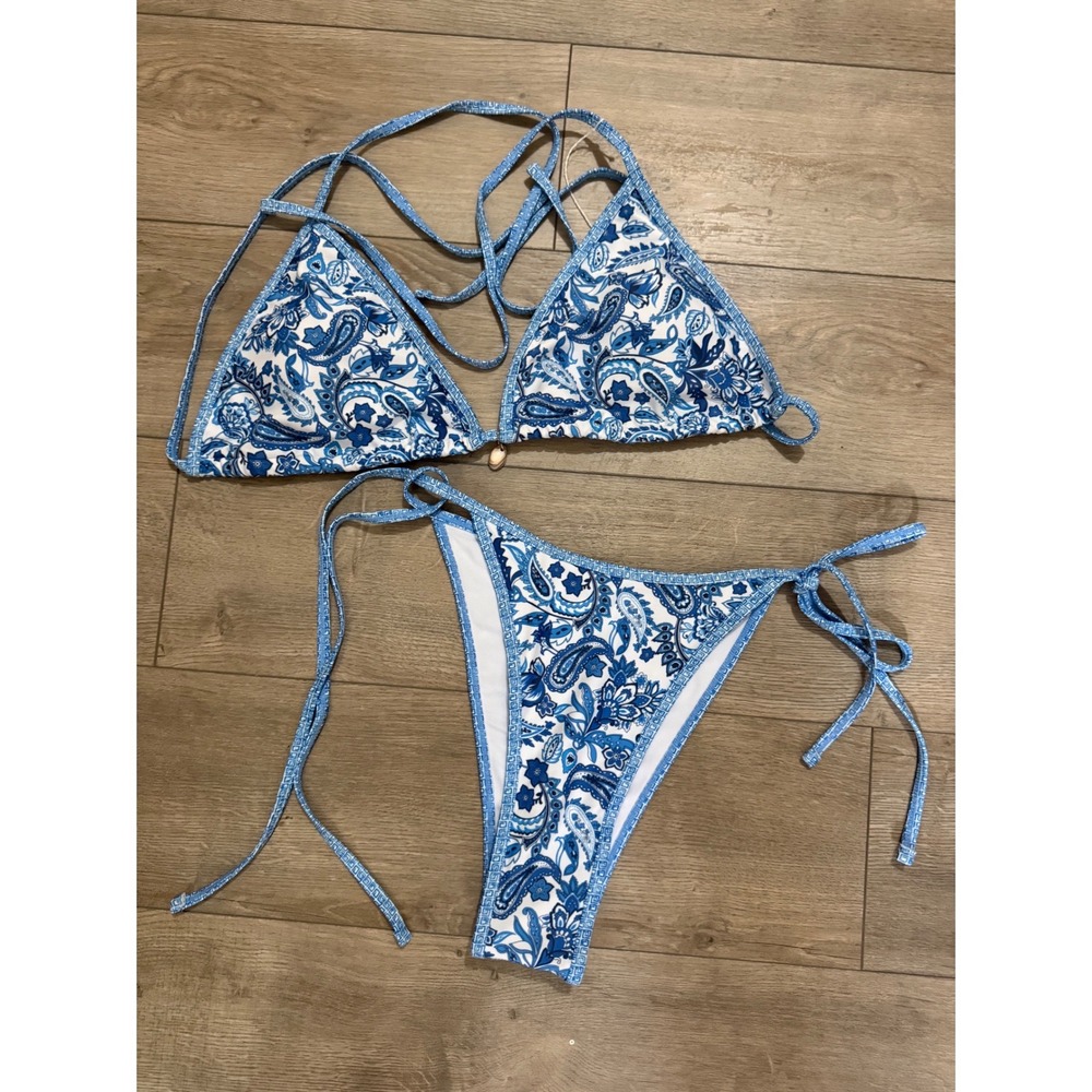Blue White Paisley Triangle Bikini Set Shell Detail High Cut Side Tie 2XL- NWOT